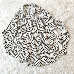 Mango White Black Print Button Down Blouse
